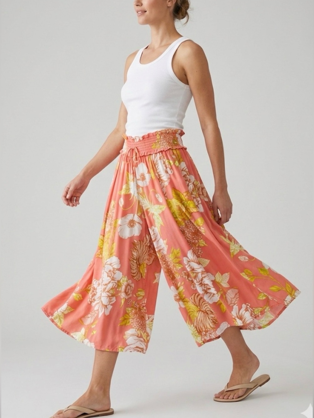 True Destinations Floral Wide-Leg Culottes Crop Pants Size XL Coral Yellow Beach